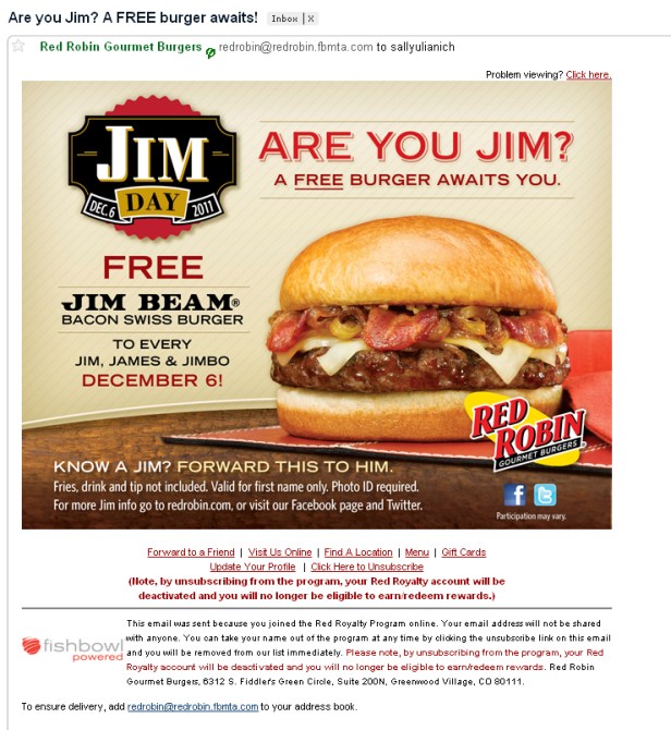 Red Robin e-blast - Free burger if your name happens to be Jim, James or Jimbo