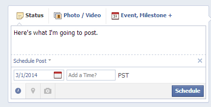 After entering a post, click on the clock icon below the status box. Select the date & time you would like your post published.